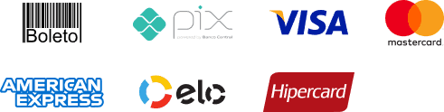 Boleto, Pix, Visa, Mastercard, American Express, Elo e Hipercard