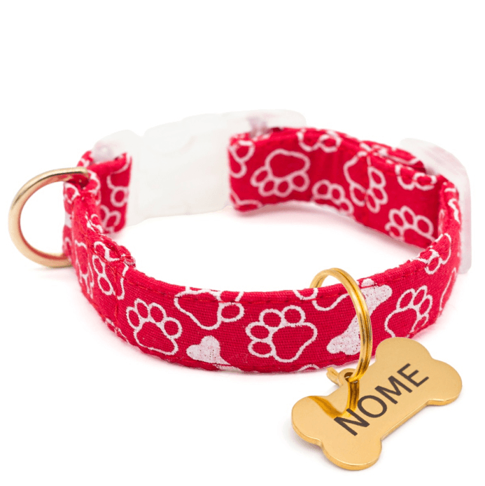 Coleira Patinhas - com Pingente Dourado - Vermelho
