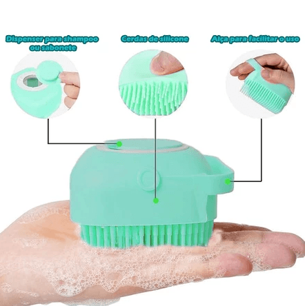 Recursos: dispenser para shampoo, cerdas de silicone e alça
