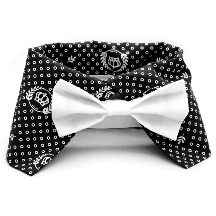 Colarinho com Gravata para Cachorro e Gato - Preto e Branco Bolinhas e Coroas - Preto e Branco