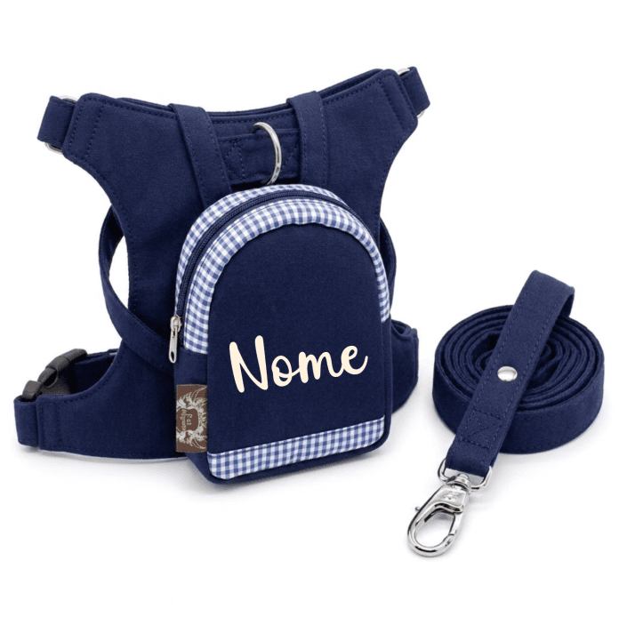 Peitoral com Mochila e Guia - Personalizado - Duo Collection - Azul Marinho
