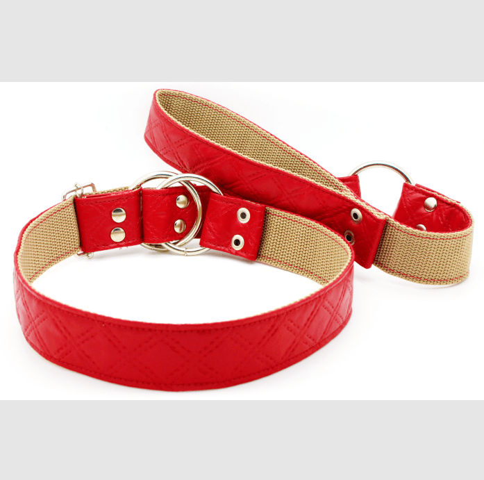 Coleira Anti-Puxão Semi Enforcador para Cachorro Grande - Nylon e Courino Matelassê Macio - Vermelho