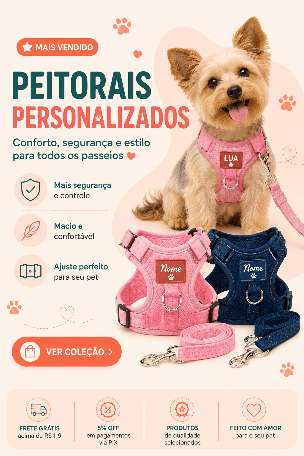 Peitorais personalizados — conforto, segurança e estilo para todos os passeios