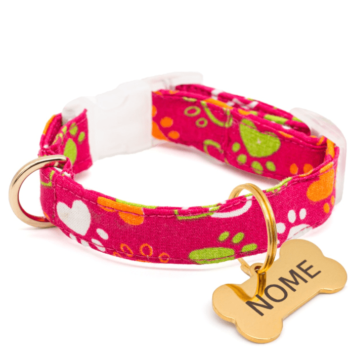 Coleira Patinhas - com Pingente Dourado - Pink
